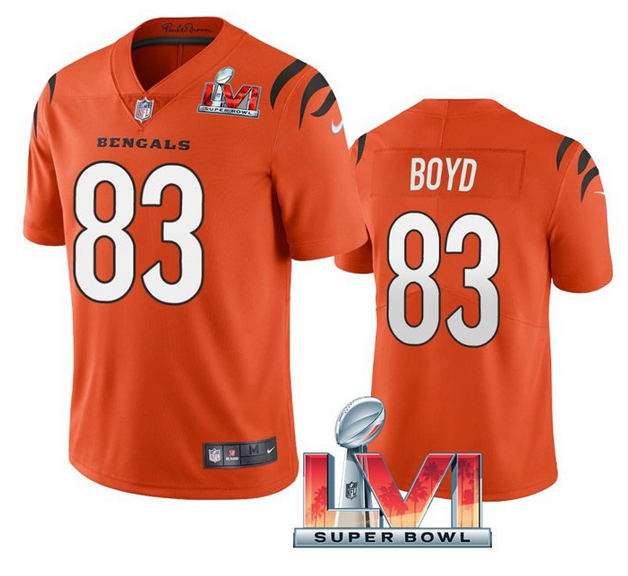 Men's Cincinnati Bengals #83 Tyler Boyd 2022 Orange Super Bowl LVI Vapor Limited Stitched Jersey Men's Cincinnati Bengals #83 Tyler Boyd 2022 Orange Super Bowl LVI Vapor Limited Stitched Jersey